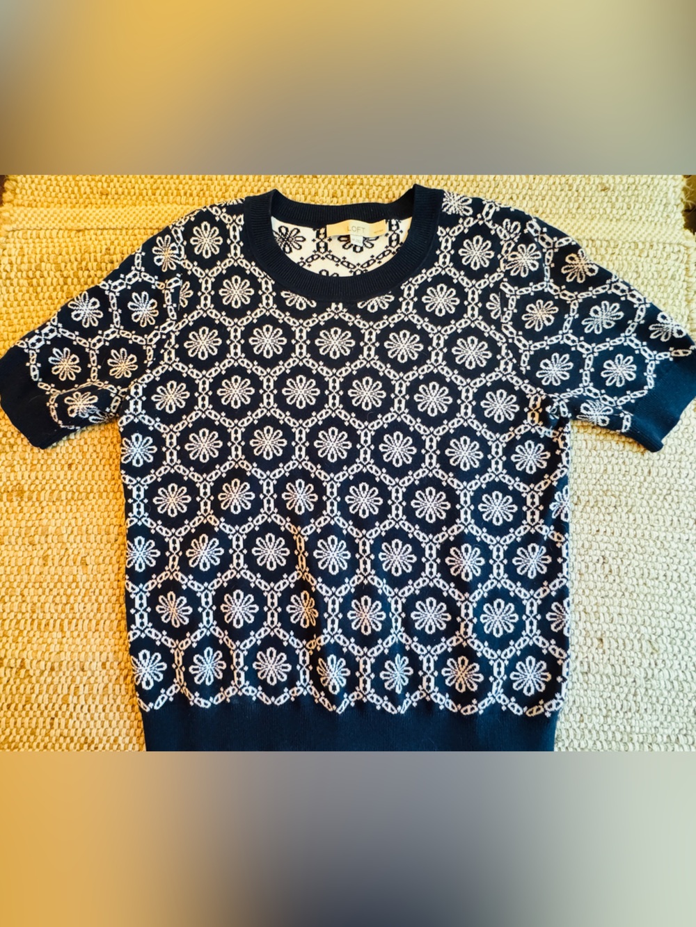 LOFT Petites Navy White Floral Short Sleeve Sweater MP Cotton Blend